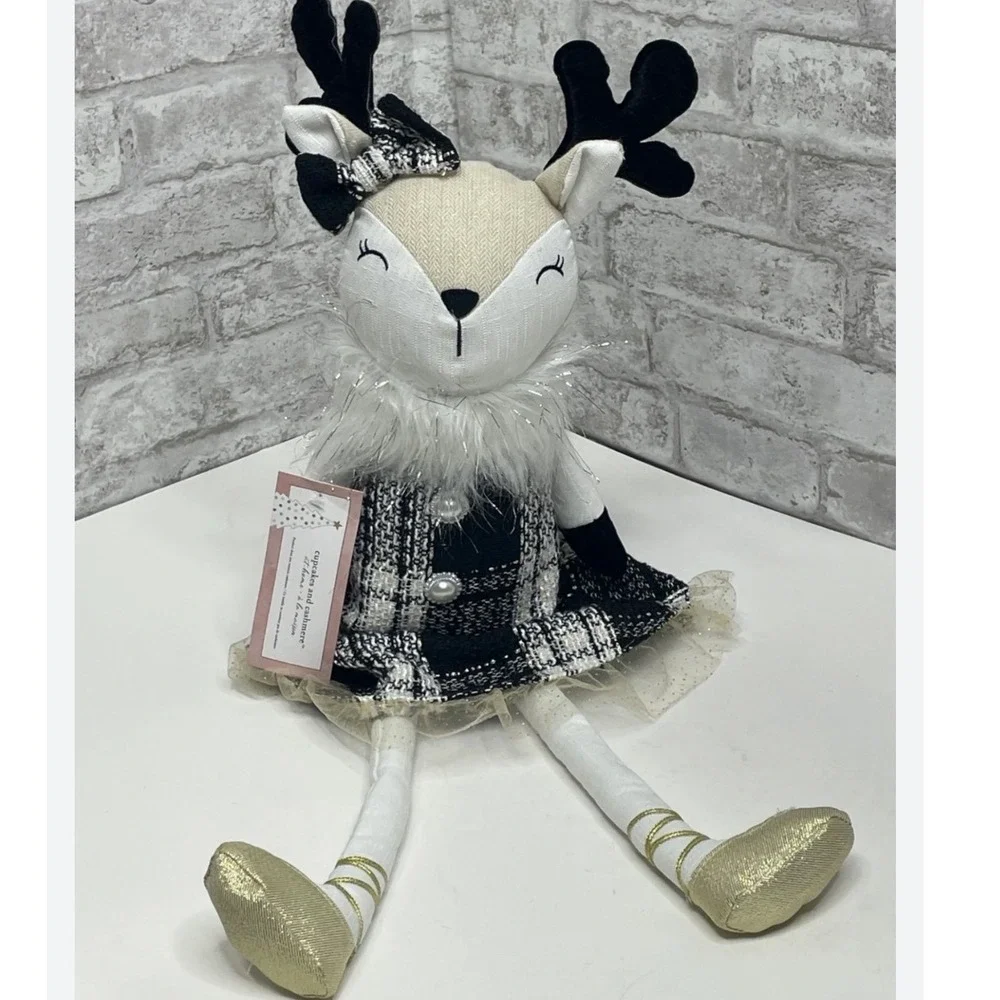 Cupcakes and Cashmere Reindeer Plush Holiday Decor‎ Black White Tweed Gold